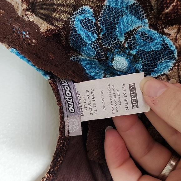 Outlooks Y2K Lace Corset Tank Top Deep V Brown Teal Hook Eye Closures - Picture 4 of 5